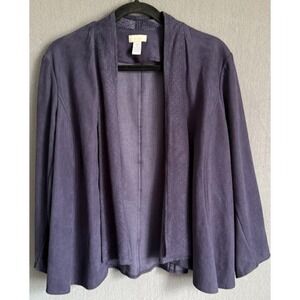 Chico's Jacket Women Size 2  Blue Faux Suede Open Front Perforated Trim Relaxed